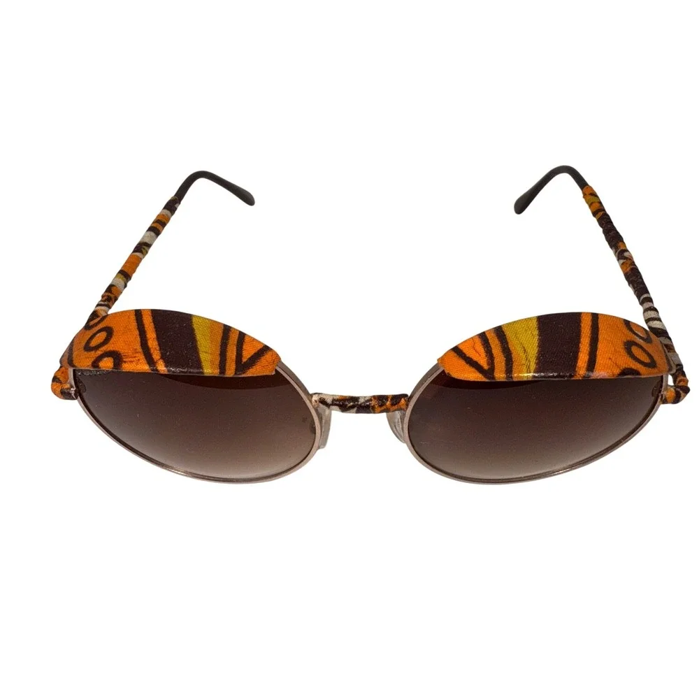 Womens Round Teashades‎ Sunglasses Gold Frame Orange Brown Fabric Accents Unique
